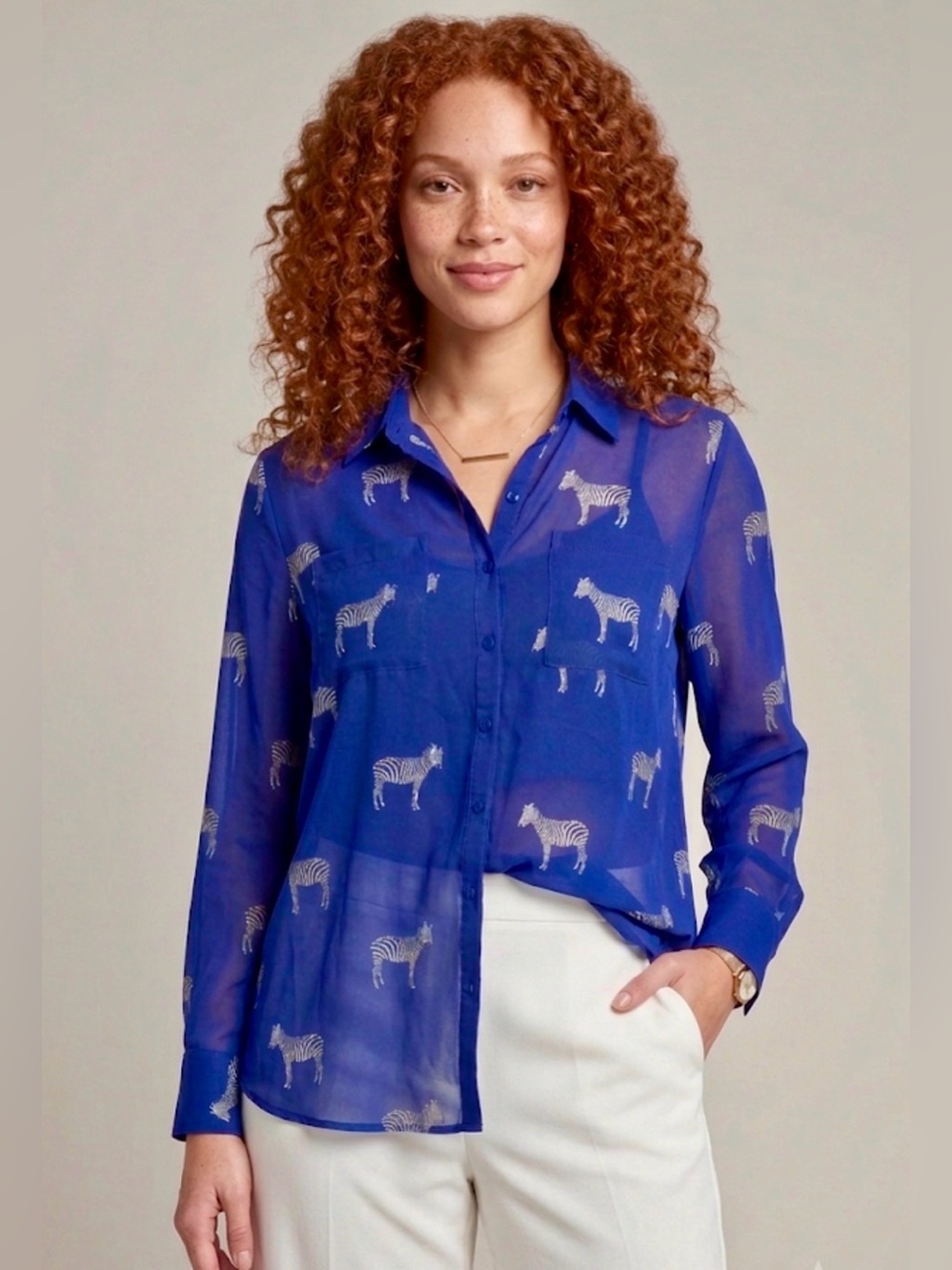 Express The Portofino Shirt Royal Blue Zebra Print Sheer Blouse Size M